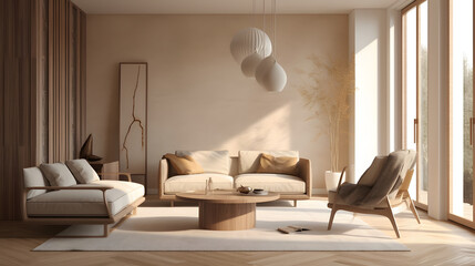 Modern interior japandi style design livingroom. Lighting and sunny scandinavian apartment with plaster and wood. 3d render illustration.