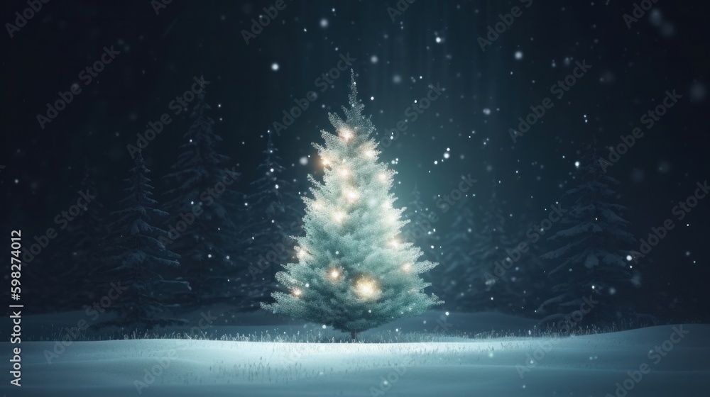 Christmas tree holidays tree light on winter night background. AI generative.
