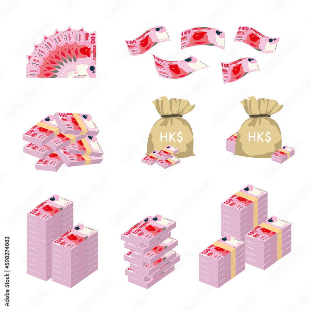 Hong Kong Dollar Vector Illustration. Huge packs of Hong Kong, Macau money set bundle banknotes. Bundle with cash bills. Deposit, wealth, accumulation and inheritance. Falling money 100 HKD Hong Kong Dollar Vector Illustration. Huge packs of Hong Kong, Macau money set bundle banknotes. Bundle with cash bills. Deposit, wealth, accumulation and inheritance. Falling money 100 HKD