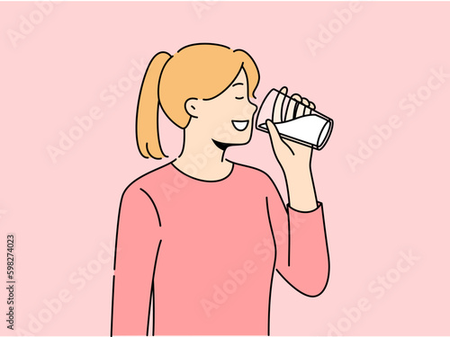 Smiling girl drinking milk from glass. Happy woman enjoy dairy product for calcium and nutrition organic diet. Vector illustration.  Generative AI