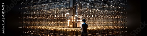 Quantum computer, qubit network, latest computer technologies, computer of the future concept. An engineer in front of a computer. The illustration is generated by AI Generative AI