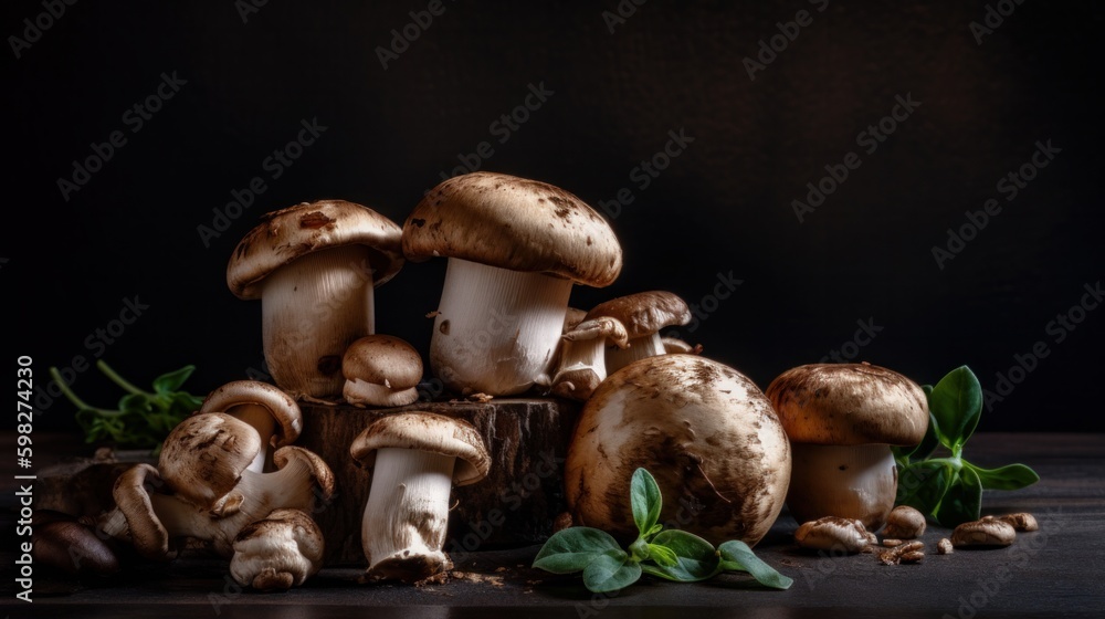 Fresh forest mushroom Italian cooking recipes on dark background. AI generative.