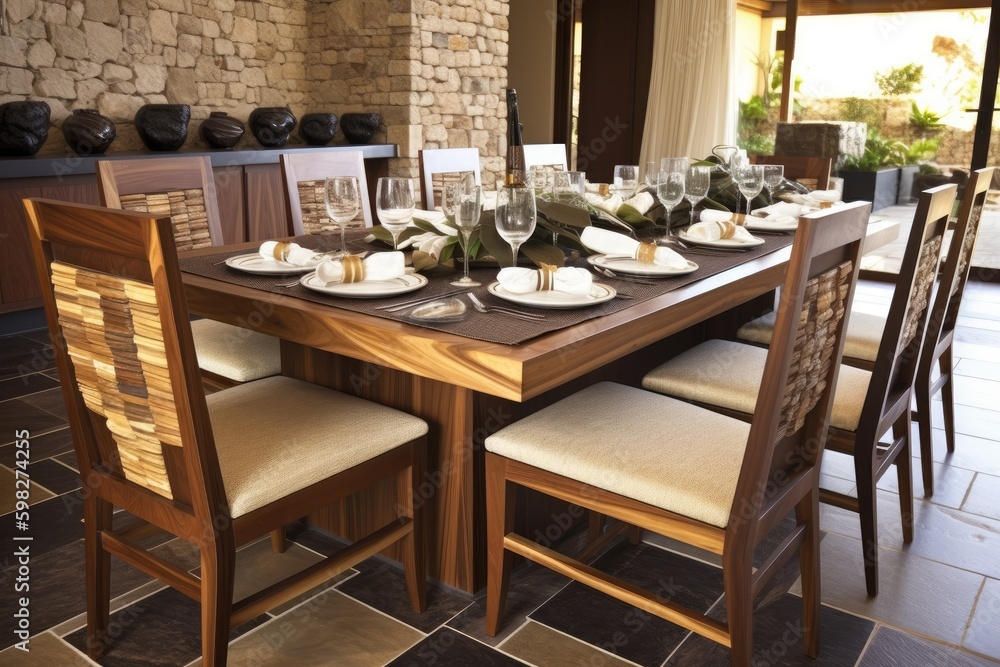 beautifully set dining room table with elegant place settings. Generative AI Generative AI