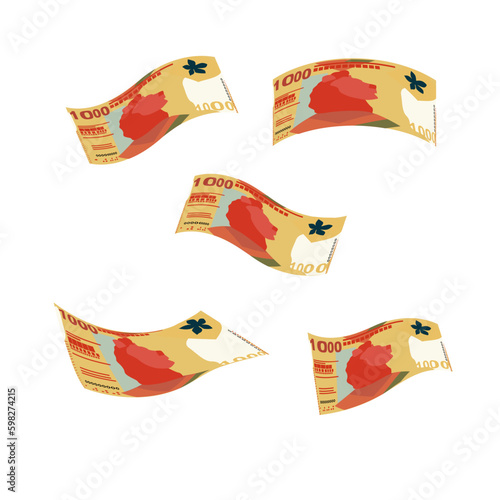 Hong Kong Dollar Vector Illustration. Hong Kong, Macau money set bundle banknotes. Falling, flying money 1000 HKD. Flat style. Isolated on white background. Simple minimal design.