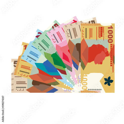 Hong Kong Dollar Vector Illustration. Hong Kong, Macau money set bundle banknotes. Paper money 20, 50, 100, 500, 1000 HKD. Flat style. Isolated on white background. Simple minimal design.