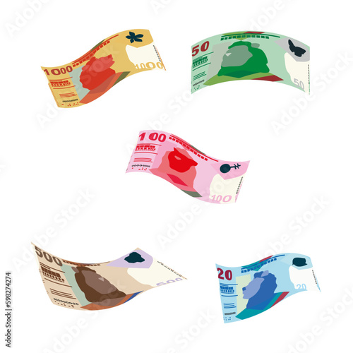Hong Kong Dollar Vector Illustration. Hong Kong, Macau money set bundle banknotes. Falling, flying money 20, 50, 100, 500, 1000 HKD. Flat style. Isolated on white background. Simple minimal design.