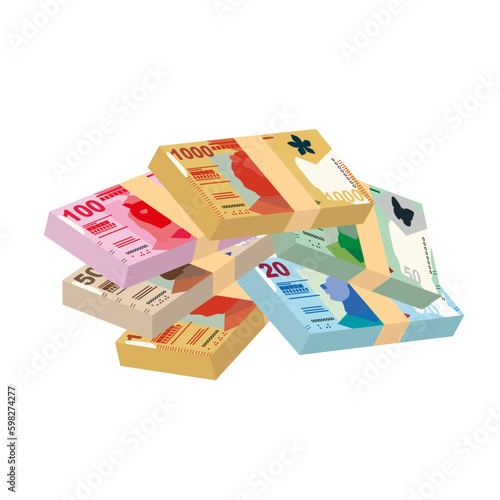 Hong Kong Dollar Vector Illustration. Hong Kong, Macau money set bundle banknotes. Paper money 20, 50, 100, 500, 1000 HKD. Flat style. Isolated on white background. Simple minimal design.
