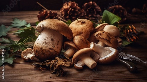 Fresh forest mushroom Italian cooking recipes on wood background. AI generative.