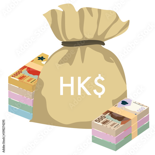 Hong Kong Dollar Vector Illustration. Hong Kong, Macau money set bundle banknotes. Money bag 20, 50, 100, 500, 1000 HKD. Flat style. Isolated on white background. Simple minimal design.