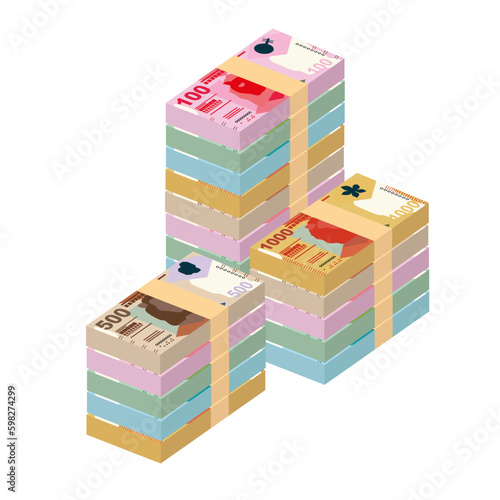 Hong Kong Dollar Vector Illustration. Hong Kong, Macau money set bundle banknotes. Paper money 20, 50, 100, 500, 1000 HKD. Flat style. Isolated on white background. Simple minimal design.