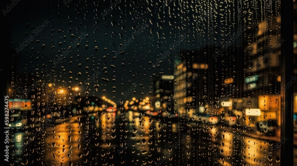 Night city autumn rain background window glass reflect. AI generative.