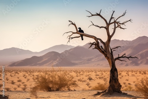 A raven perched on a barren tree branch in a desert landscap