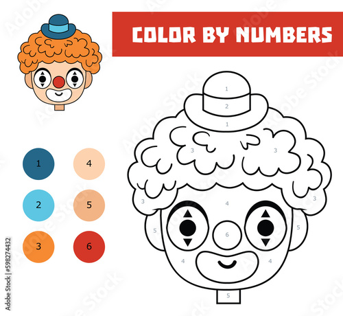 Color by number, education game for kids, Cute cartoon clown face