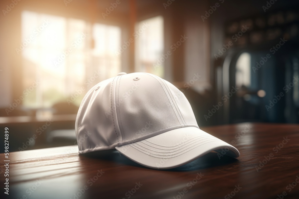 Baseball white cap on table. Generate Ai Baseball white cap on table. Generate Ai