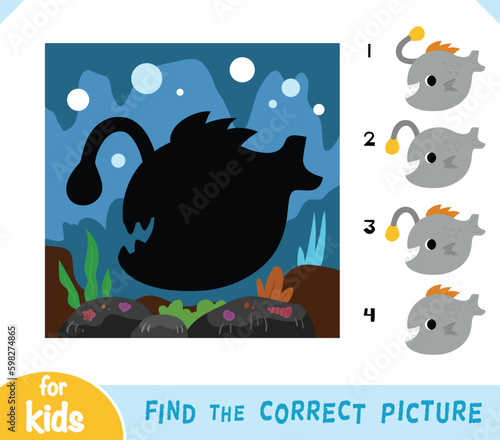 Find the correct shadow, education game for kids, Cute cartoon monkfish with underwater cave background