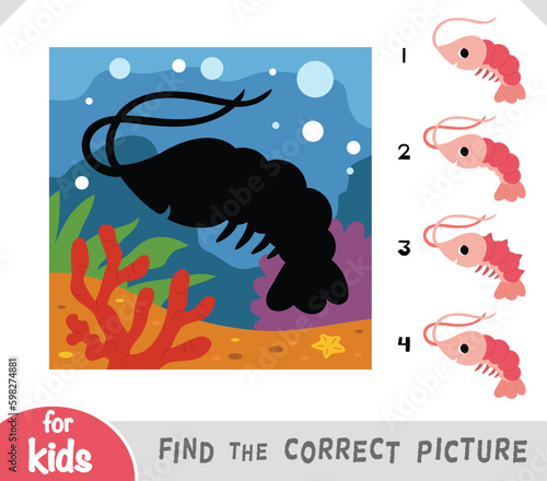 Find the correct shadow, education game for kids, Cute cartoon shrimp with undersea background