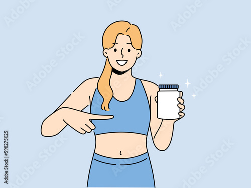 Smiling sportswoman in sportswear show at protein bottle in hands. Happy woman athlete recommend sport nutrition supplement for training or workout. Vector illustration.  Generative AI