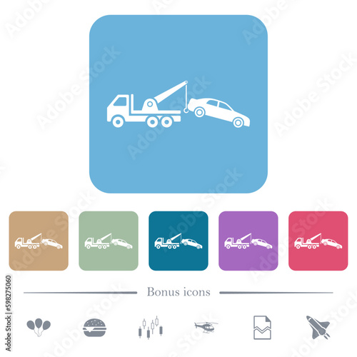 Car towing flat icons on color rounded square backgrounds