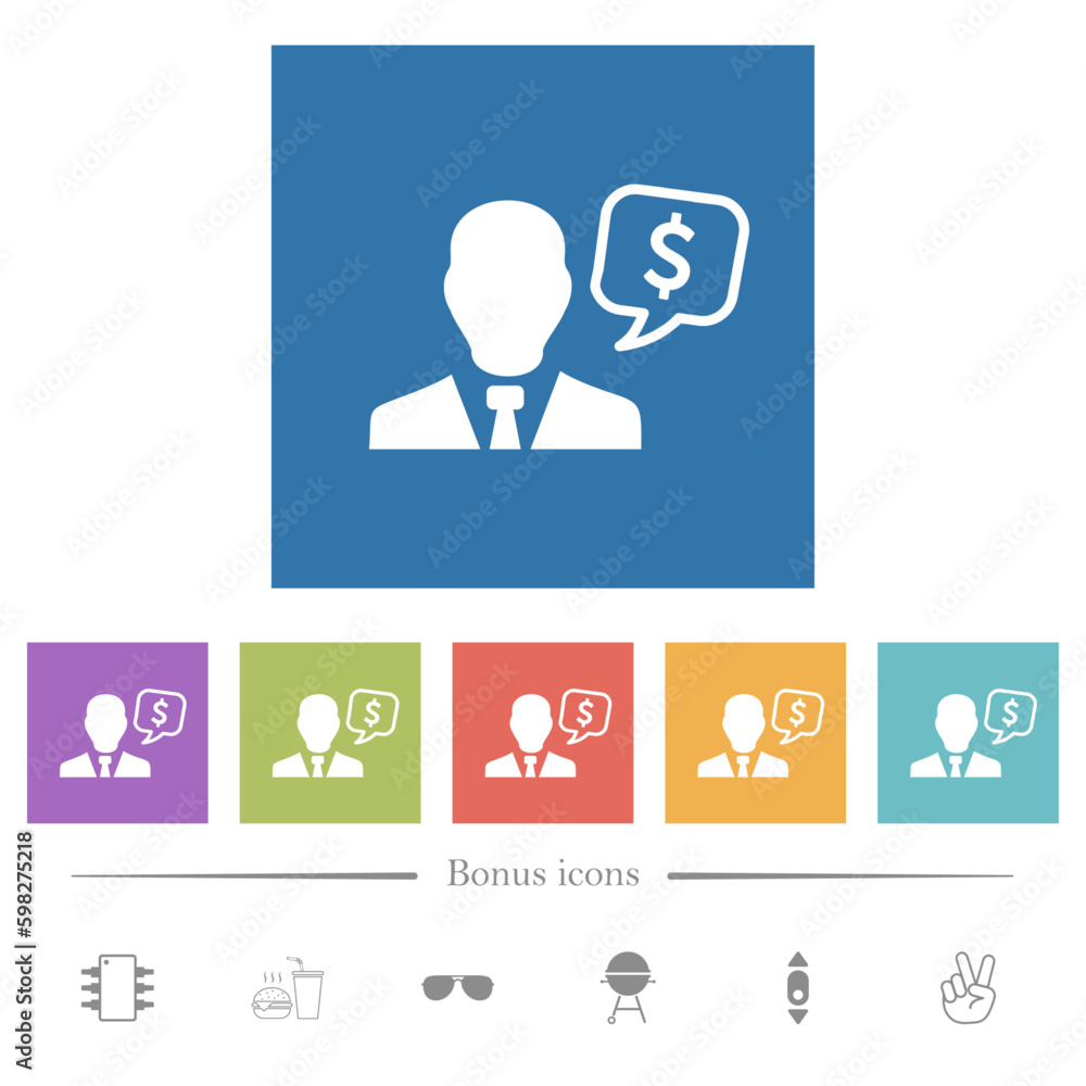 Dollar financial advisor flat white icons in square backgrounds