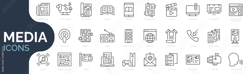 Set of line icon related to mass media, social networks, public media, journalism, communication, networking. Outline icon collection. Editable stroke. Vector illustration  - obrazy, fototapety, plakaty 