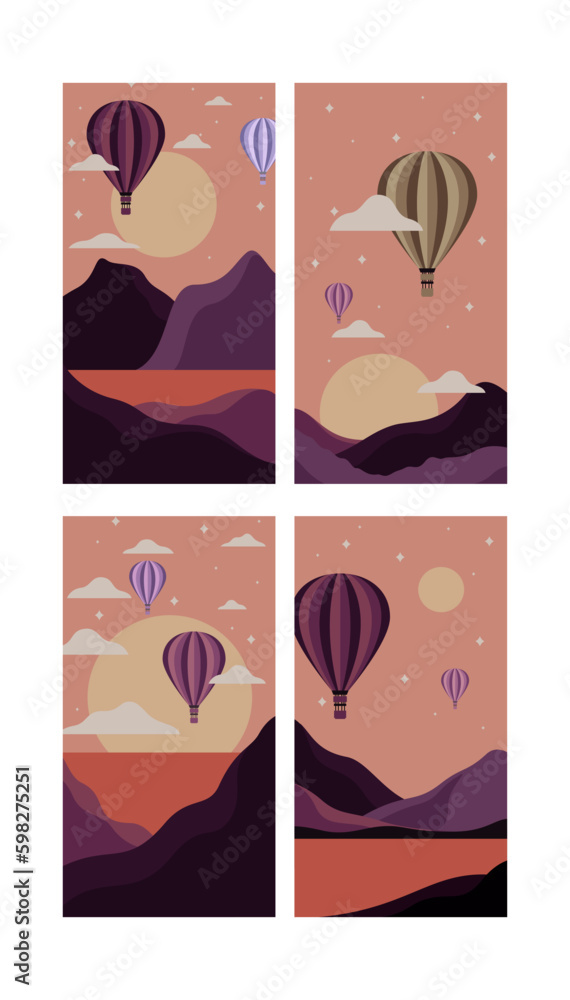 Smartphone wallpapers set. Abstract backgrounds. Smartphone vector mockup. Smartphone wallpapers. Mountain landscapes collection. Graphic silhouettes of hill tops covered with air balloon.