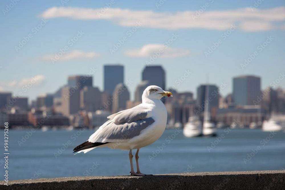 Obraz premium A seagull perched on a pier with a city skyline in the backgroun