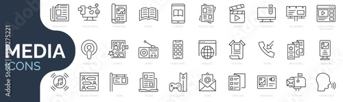 Set of line icon related to mass media, social networks, public media, journalism, communication, networking. Outline icon collection. Editable stroke. Vector illustration 