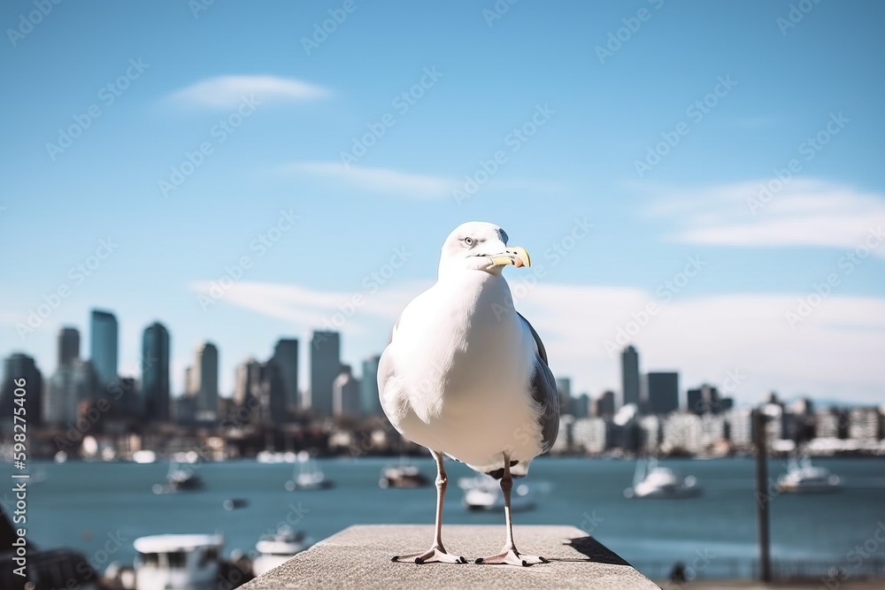 A seagull perched on a pier with a city skyline in the backgroun