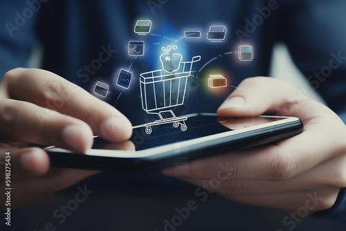 Hand of young business using smart phone with shopping cart icon, Online shopping and e-commerce concept, online shopping concept, Generative AI