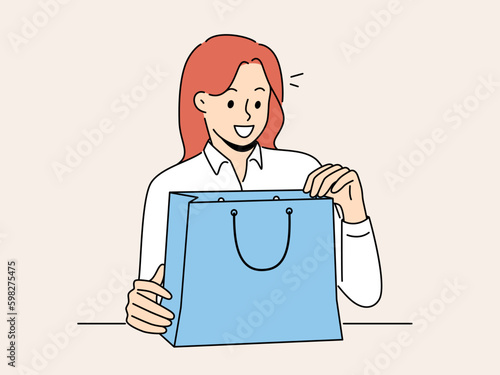 Smiling woman unpack bag with present or gift. Happy girl open shopping bag with order excited with delivery. Consumerism and shopaholic. Vector illustration.  Generative AI