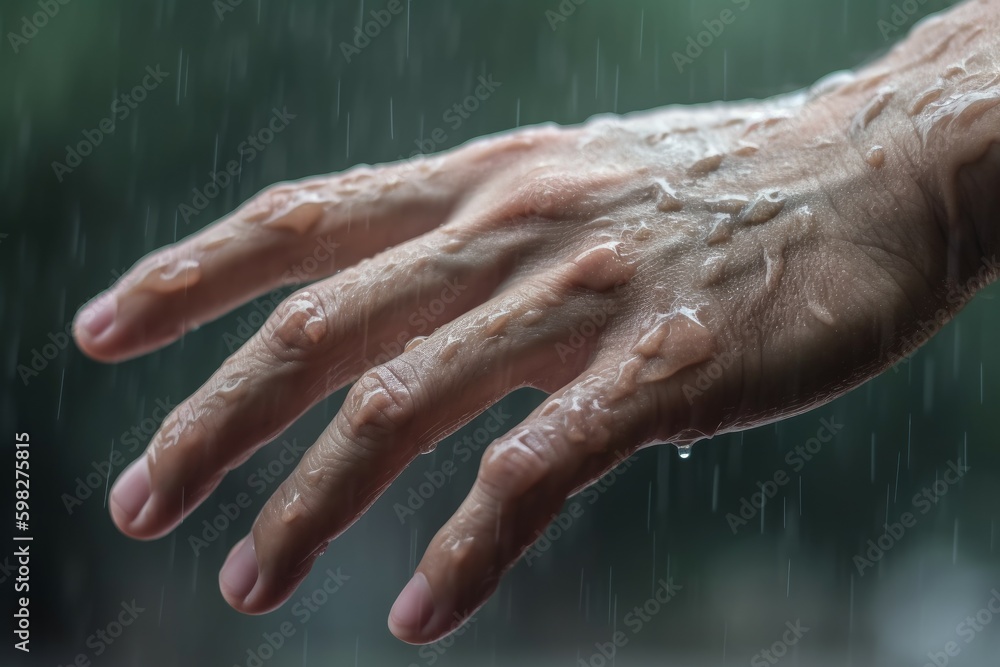 Fototapeta premium Closeup hand in rain climate. Generate Ai