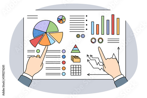Close up of businessman and analyst hands point at graph and charts on board. Banker analyze growth and falls. Concept of analytical data and accounting. Finances and statistics. Vector Generative AI