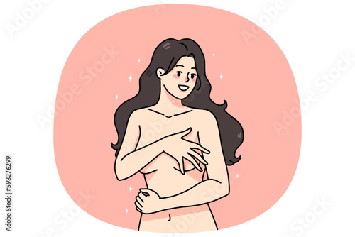 Happy young naked woman isolated on pink studio background cover body with hands. Smiling sexy millennial girl with no clothes on hide figure. Art and nudity. Vector illustration. Generative AI
