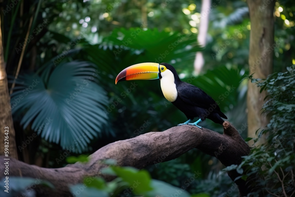 A toucan perched on a tree branch in a jungle settin A toucan perched on a tree branch in a jungle settin