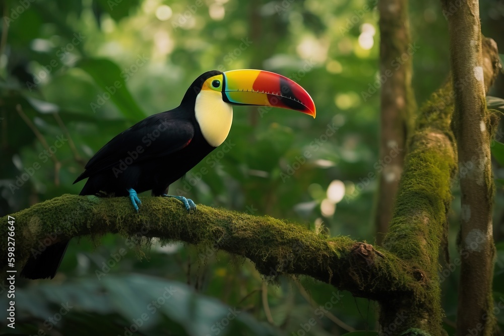 Fototapeta premium A toucan perched on a tree branch in a jungle settin