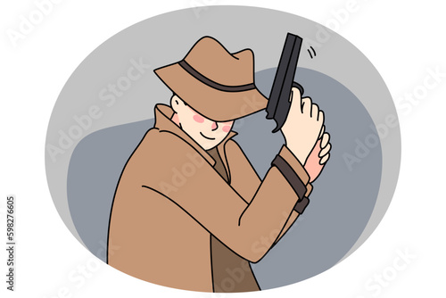 Male detective in coat and hat holding gun spying for criminal or suspect. Man spy or police officer undercover pursue offender with firearm. Private agent work. Vector illustration. Generative AI