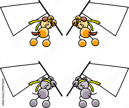 旗を上に掲げるわんまるとにゃんまるのイラストセット　犬　猫