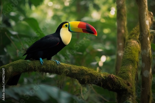 A toucan perched on a tree branch in a jungle settin