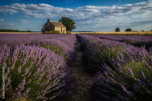A panoramic view of a sprawling lavender field, with a quaint French farmhouse in the distance. Ai generated. © ankreative