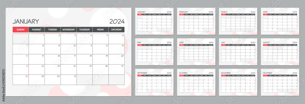 Monthly calendar planner template for 2024 year. Wall calendar schedule in a red minimalist style. Week Starts on Sunday Monthly calendar planner template for 2024 year. Wall calendar schedule in a red minimalist style. Week Starts on Sunday