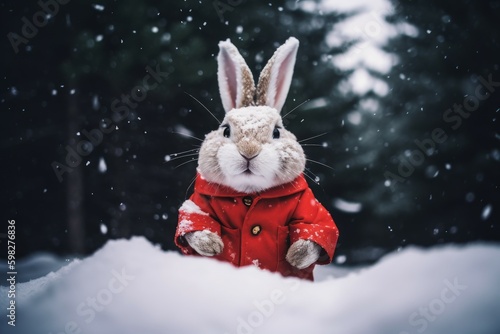 Cute rabbit dressed santa claus in forest. Generate Ai