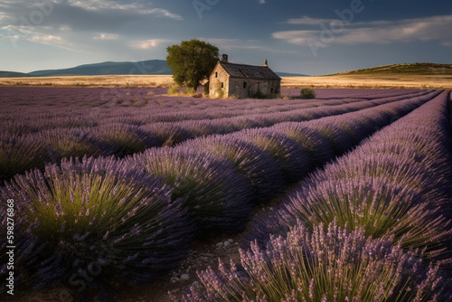 A panoramic view of a sprawling lavender field, with a quaint French farmhouse in the distance. Ai generated.