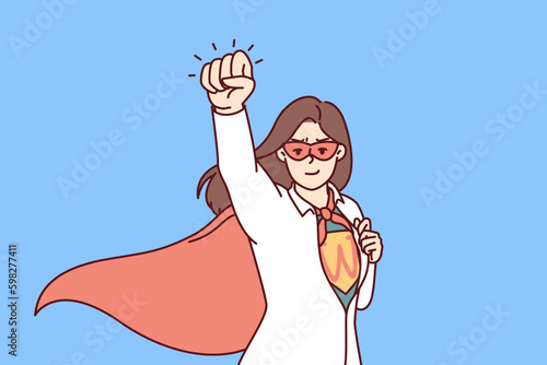 Super woman rips off shirt showing off superhero clothes and flying out to save business of those in trouble. Business woman superhero getting ready to save company for crisis management Generative AI