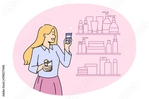 Smiling girl choose beauty product tube from shelf in store. Happy young woman buy cosmetic bottle or perfume from cosmetology store. Skincare and facial treatment. Vector illustration. Generative AI