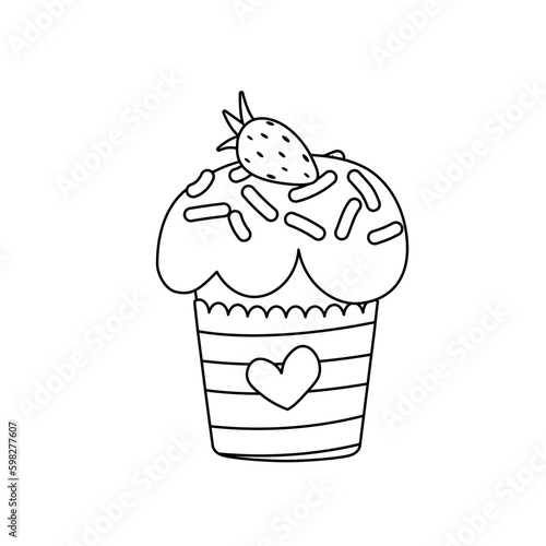 Cupcake with strawberry. Coloring page. Black and white Easter cake. Vector Generative AI