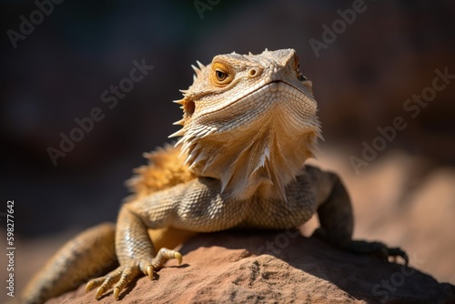 A bearded dragon perched on a roc