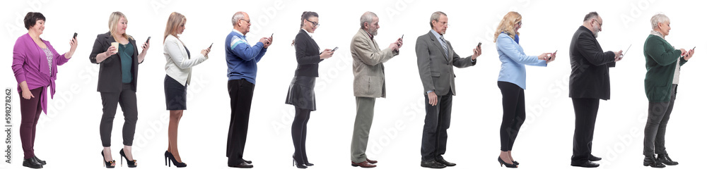 group of people profile holding phone in hand isolated group of people profile holding phone in hand isolated