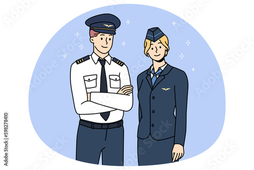 Professional airplane crew in uniform posing for picture together. Portrait of aircraft pilot and stewardess show good quality service. International or national airlines. Vector Generative AI