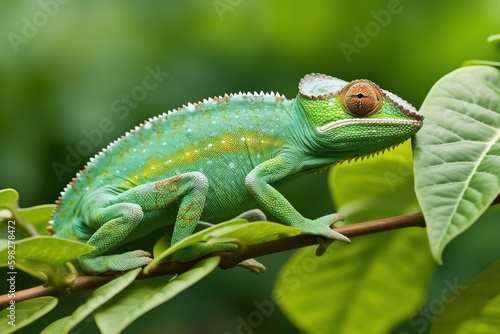 A chameleon on a branch with green leave