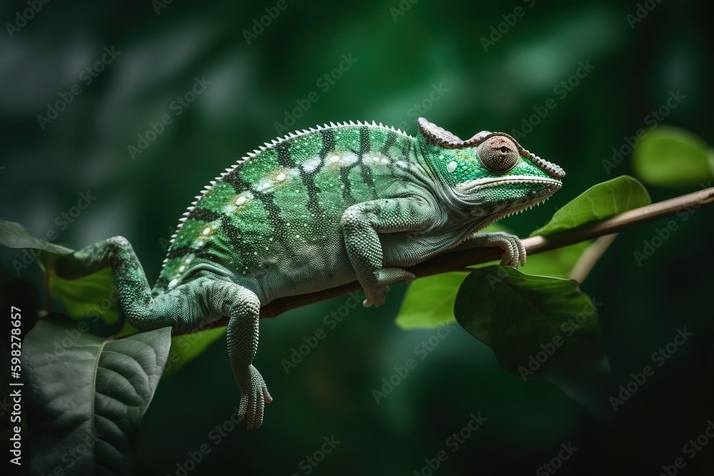 A chameleon on a branch with green leave A chameleon on a branch with green leave